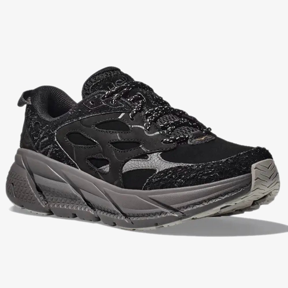 NWT Hoka Clifton Elite Terrain System L Suede Leather All Black Unisex Sneakers - Picture 1 of 16